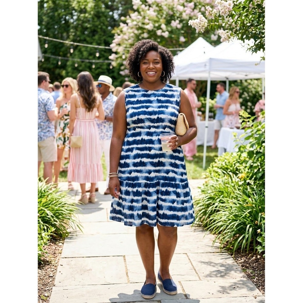 Tash & Sophie Sleeveless Swing Dress Blue White Tie-Dye A-Line Plus Size 16 NWT